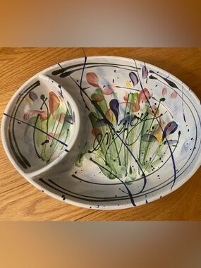 Hand-Painted Floral Ceramic Serving Platter in White with Multicolor Accents